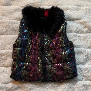 Sequin Kids Vest with Faux Fur Collar